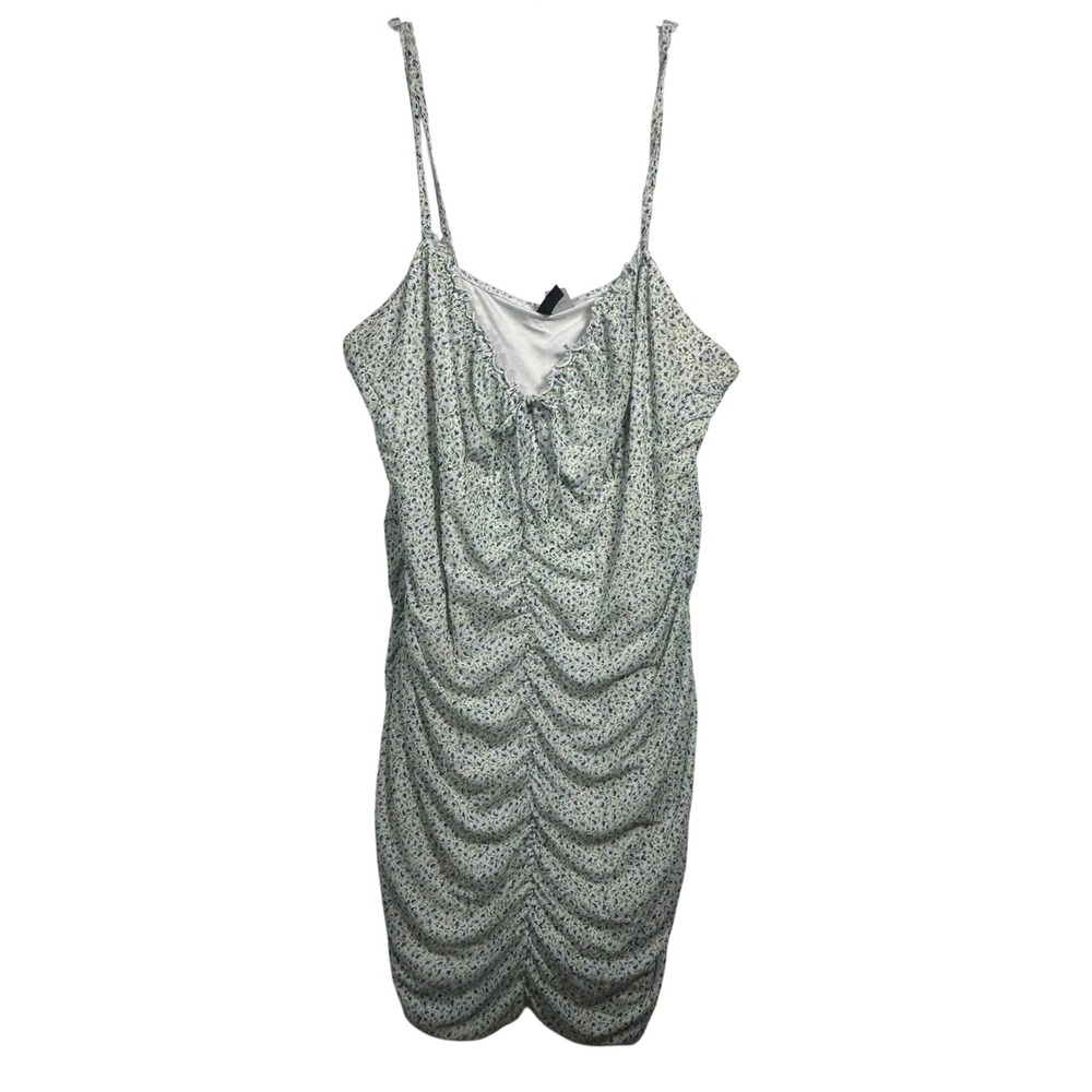 H&M Divided Floral Ruched Bodycon Mini Dress XL White Blue Green Spaghetti Strap